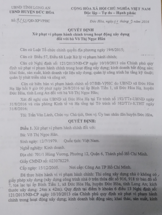 Quyết định xử phạt h&agrave;nh ch&iacute;nh đối với c&ocirc;ng tr&igrave;nh tr&aacute;i ph&eacute;p của b&agrave; H&acirc;n.