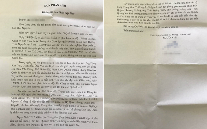 Đơn phản &aacute;nh của &ocirc;ng L. gửi tới t&ograve;a soạn Ph&aacute;p luật Plus.