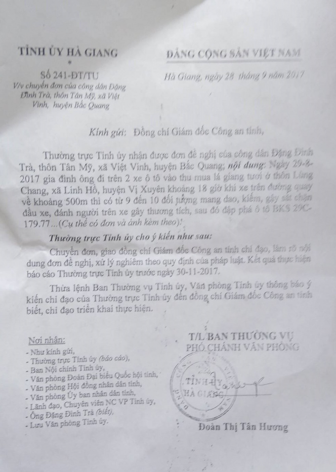 Văn bản của Tỉnh ủy H&agrave; Giang y&ecirc;u cầu xử l&yacute; dứt điểm vụ việc.