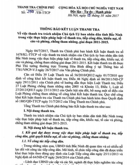 Thanh tra Ch&iacute;nh phủ chỉ thẳng nhiều sai phạm của tỉnh Bắc Ninh