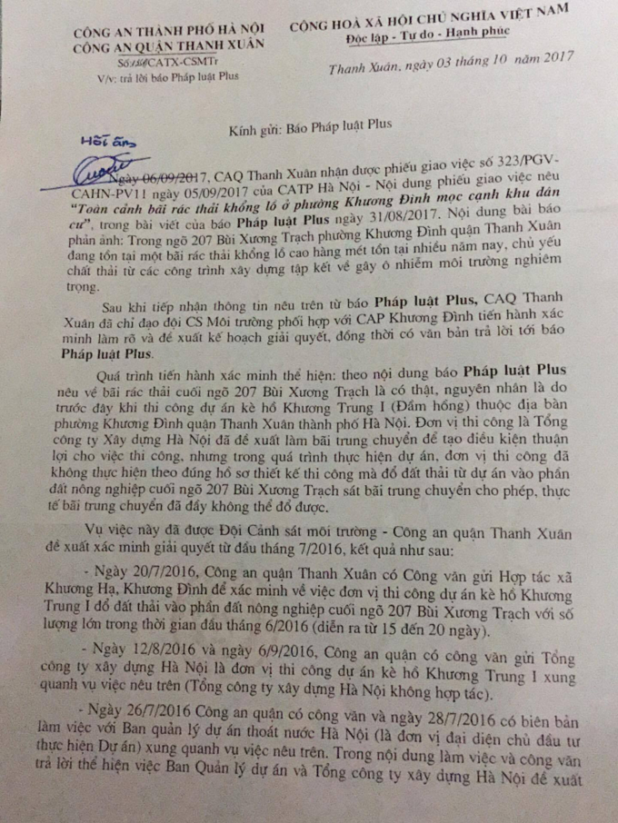 B&atilde;i r&aacute;c thải khổng lồ ở phường Khương Đ&igrave;nh: C&ocirc;ng an quận Thanh Xu&acirc;n phản hồi sau khi Ph&aacute;p luật Plus đăng tải