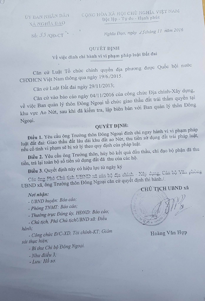 Quyết định số 55/QĐ-CT về việc đ&igrave;nh chỉ h&agrave;nh vi vi phạm ph&aacute;p luật đất đai do&nbsp;&ocirc;ng Ho&agrave;ng Văn Hợp, Chủ tịch UBND x&atilde; Nghĩa Đạo k&yacute;&nbsp;ng&agrave;y 15/11/2016.