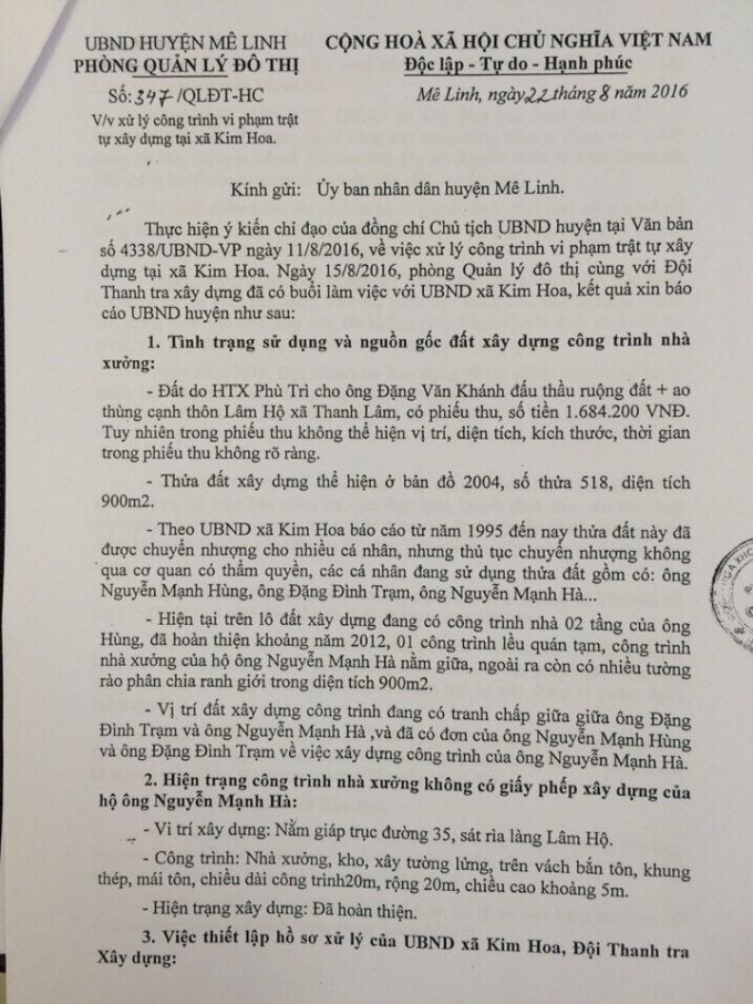 M&ecirc; Linh &ndash; H&agrave; Nội: C&ocirc;ng tr&igrave;nh vi phạm, ch&iacute;nh quyền l&uacute;ng t&uacute;ng trong xử l&yacute;