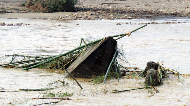 Một nhịp cầu nằm chơ vơ giữa suối.