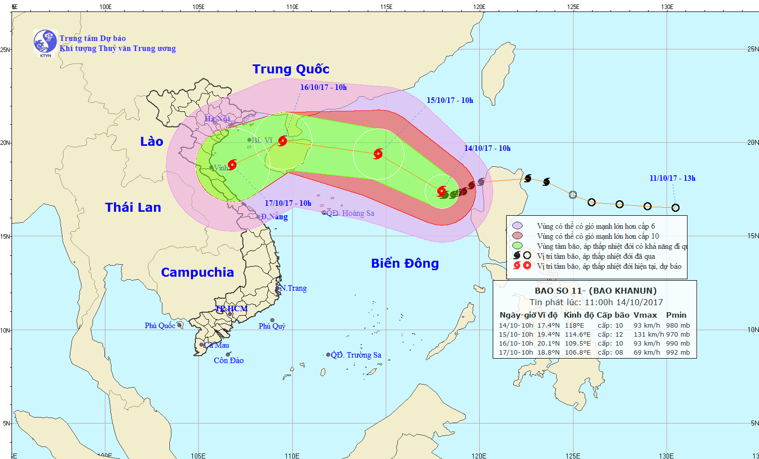 Vị tr&iacute;, hướng đi của cơn b&atilde;o số 11. Ảnh: nchmf.gov.vn