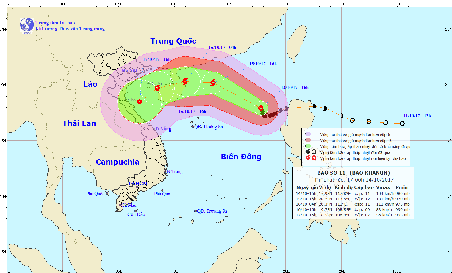 Dự b&aacute;o vị tr&iacute;, hướng đi của cơn b&atilde;o số 11. Ảnh: nchmf.gov.vn