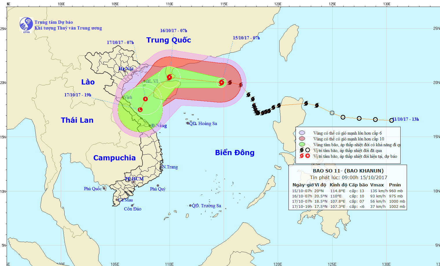 Dự b&aacute;o hướng đi, vị tr&iacute; của cơn b&atilde;o số 11. Ảnh: nchmf.gov.vn