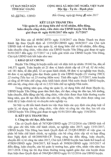 Kết luận thanh tra số 1663/KL-UBND về việc quản l&yacute;, sử dụng bi&ecirc;n chế v&agrave; bổ nhiệm, điều động, lu&acirc;n chuyển c&ocirc;ng chức, vi&ecirc;n chức của UBND huyện Y&ecirc;n Dũng giai đoạn từ ng&agrave;y 1/1/2017 đến ng&agrave;y 31/7/2017.
