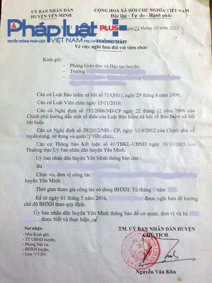 UBND huyện Y&ecirc;n Minh từng ban h&agrave;nh c&ocirc;ng văn cho nhiều gi&aacute;o vi&ecirc;n nghỉ hưu trước tuổi. (ảnh: P.G.H)