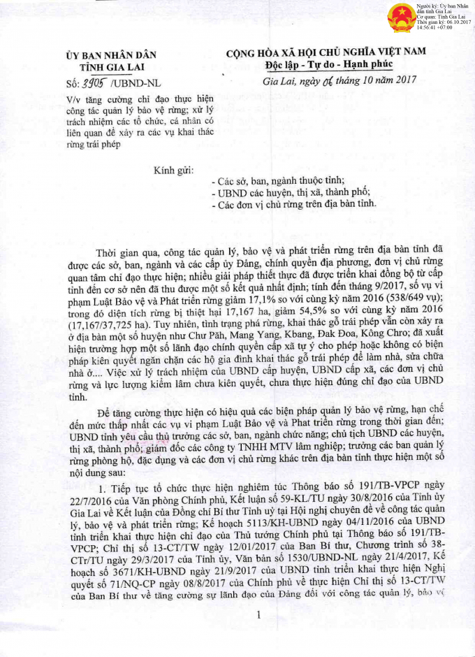 C&ocirc;ng văn chỉ đạo của Chủ tịch UBND tỉnh Gia Lai&nbsp; về việc xử x&yacute; tổ chức,c&aacute; nh&acirc;n để mất rừng