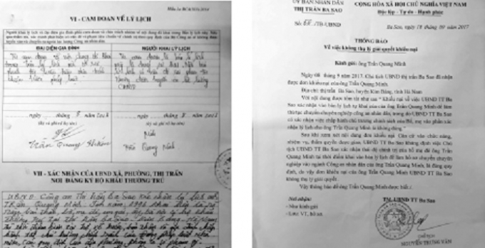 Nội dung ph&ecirc; trong sơ yếu l&yacute; lịch của anh Trần Quang Minh v&agrave; Th&ocirc;ng b&aacute;o của UBND TT Ba Sao về việc kh&ocirc;ng thụ l&yacute; giải quyết khiếu nại của &ocirc;ng Trần Quang Minh.