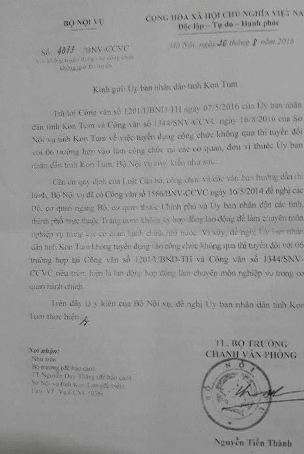 Văn bản của Bộ Nội Vụ kh&ocirc;ng cho tỉnh Kon Tum tiếp nhận v&agrave;o c&ocirc;ng chức với 6 trường hợp tr&ecirc;n