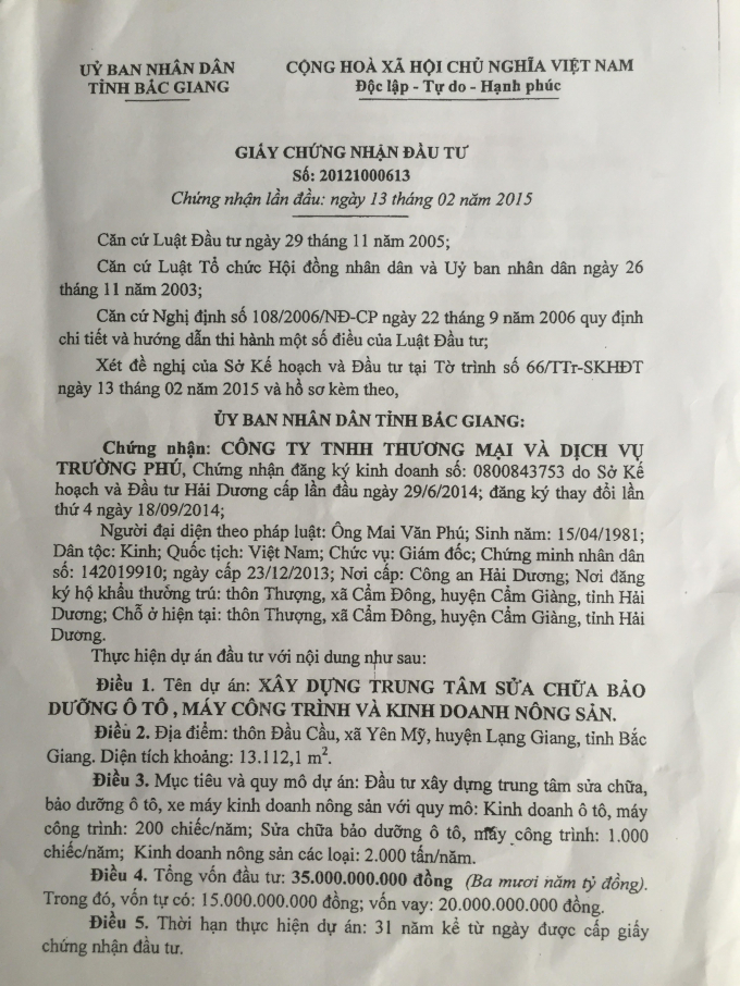 Giấy chứng nhận đầu tư của C&ocirc;ng ty Trường Ph&uacute; được UBND tỉnh Bắc Giang cấp.
