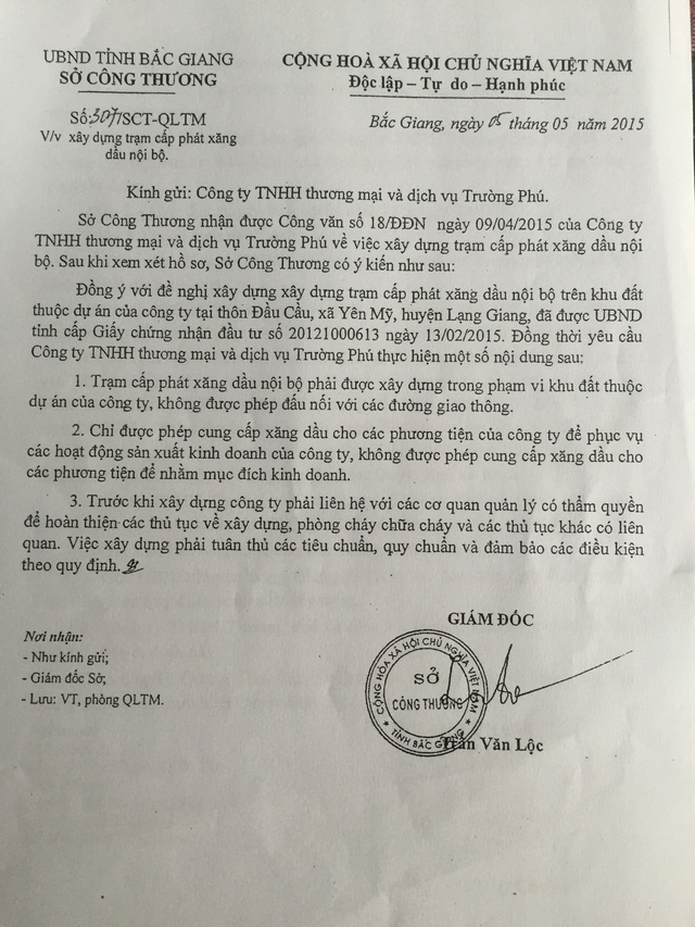 Sở C&ocirc;ng thương tỉnh Bắc Giang đồng &yacute; cho C&ocirc;ng ty Trường Ph&uacute; x&acirc;y dựng c&acirc;y xăng nội bộ nhưng kh&ocirc;ng được đấu nối v&agrave;o Quốc lộ, kh&ocirc;ng được kinh doanh...