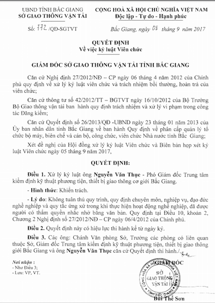 Quyết định kỷ luật &ocirc;ng Nguyễn Văn Thục.