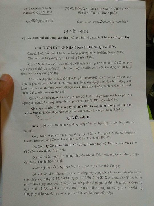 Quyết định đ&igrave;nh chỉ của UBND phường Quan Hoa.