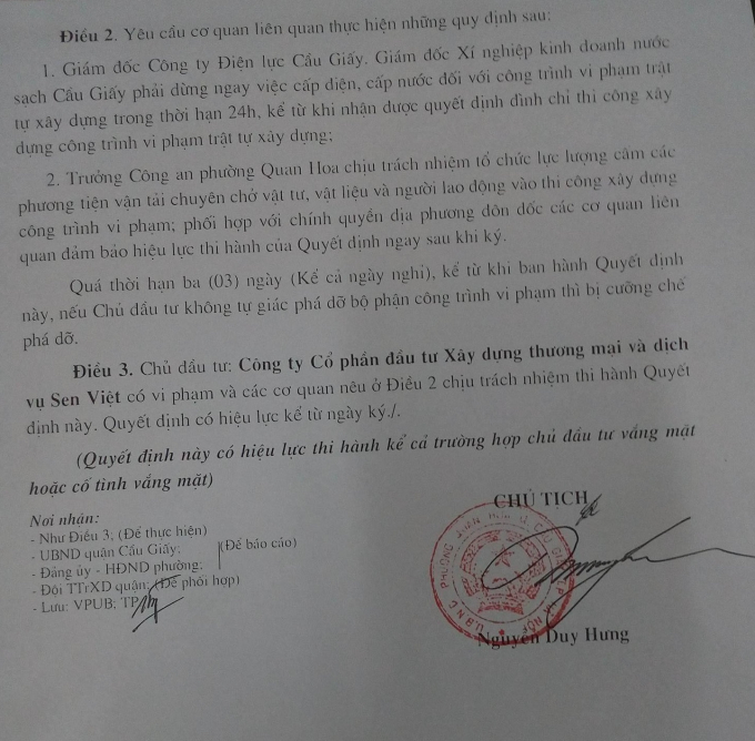 Quyết định đ&igrave;nh chỉ của UBND phường Quan Hoa.