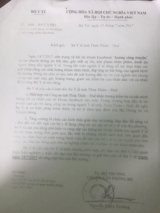 C&ocirc;ng văn Bộ Y tế gửi Sở Y tế tỉnh Thừa Thi&ecirc;n Huế.