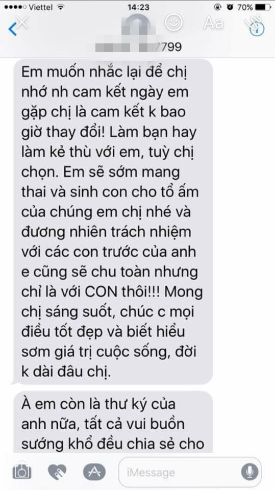 Đoạn tin nhắn được cho của Vy Oanh gửi vợ cũ doanh nh&acirc;n L&ecirc; Thiện.