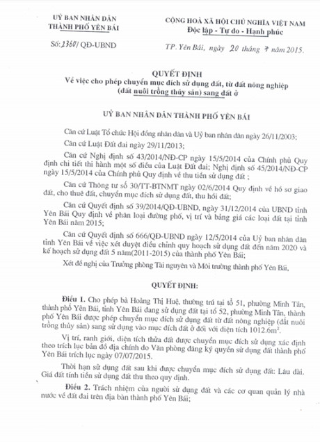 C&aacute;c quyết định chuyển đổi mục đ&iacute;ch sử dụng đất của UBND TP Y&ecirc;n B&aacute;i cho nh&agrave; &ocirc;ng Phạm Sỹ Qu&yacute;.