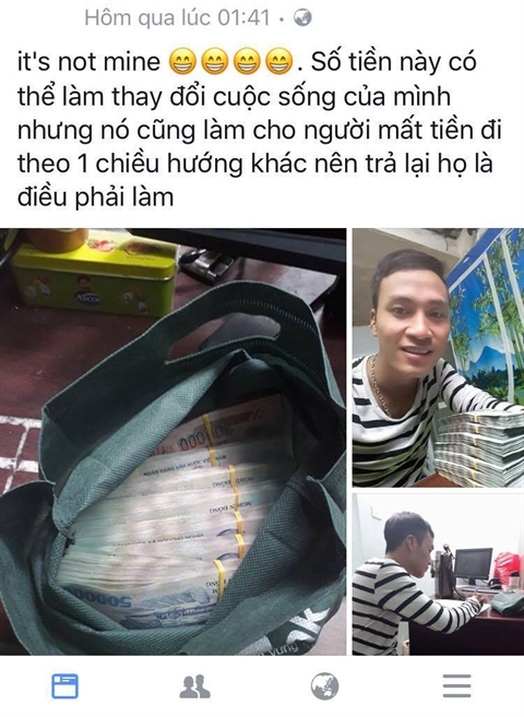 Huy Cảng cảm thấy tho&aacute;i m&aacute;i sau khi trao trả số tiền 320 triệu.