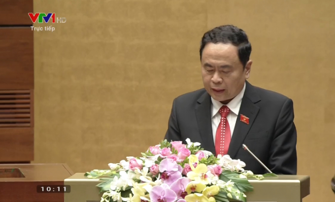 Chủ tịch Ủy ban Trung ương MTTQ Việt Nam Trần Thanh Mẫn tr&igrave;nh b&agrave;y B&aacute;o c&aacute;o tổng hợp &yacute; kiến, kiến nghị của cử tri v&agrave; nh&acirc;n d&acirc;n cả nước gửi tới Quốc hội s&aacute;ng 23/10.