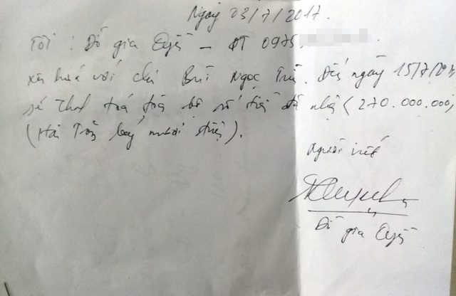 Giấy viết tay được cho l&agrave; của &ocirc;ng Quyền sẽ thanh to&aacute;n số tiền 270 triệu đồng cho &ocirc;ng T.