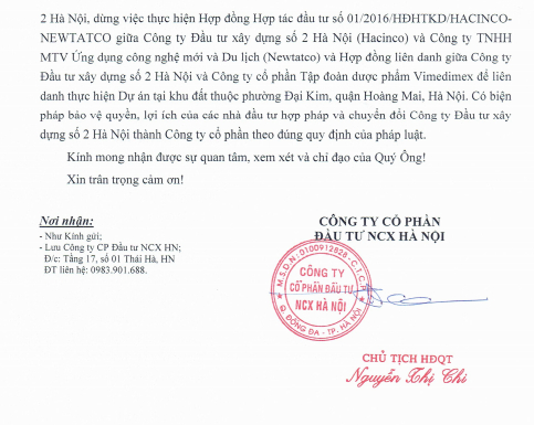 C&ocirc;ng ty cổ phần đầu tư NCX H&agrave; Nội c&oacute; C&ocirc;ng văn số 29/2017/NCX gửi Chủ tịch UBND TP H&agrave; Nội Nguyễn Đức Chung