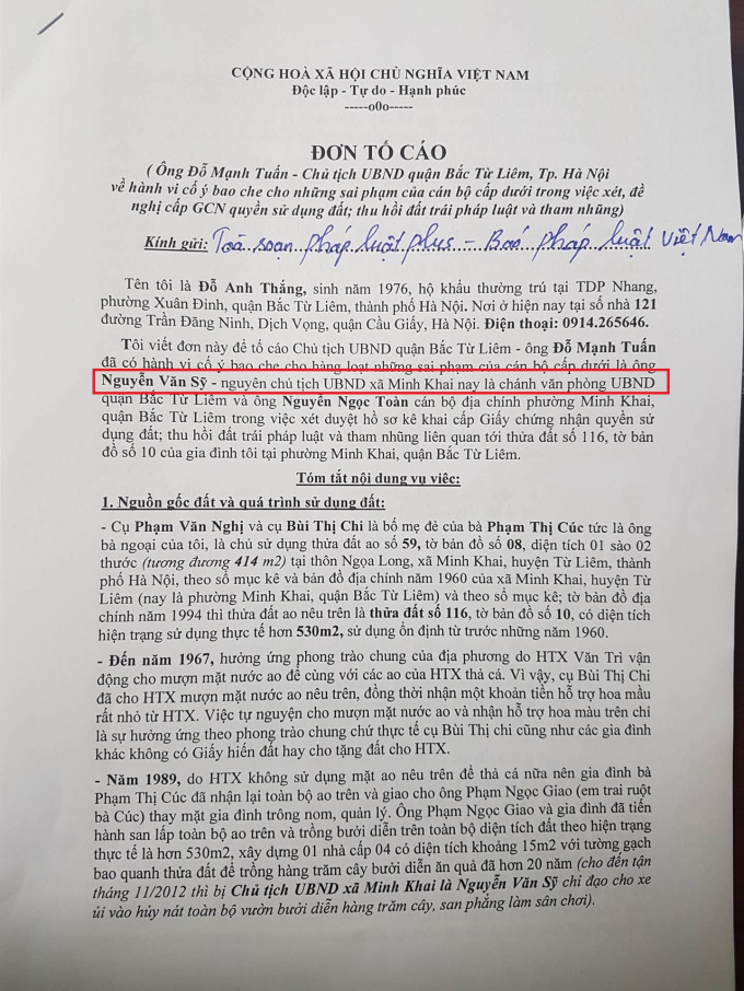 Đơn tố c&aacute;o &ocirc;ng Đỗ Anh Thắng gửi tới Ph&aacute;p luật Plus.