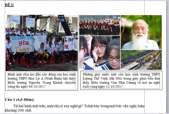 Đề Văn đưa h&igrave;nh ảnh về t&igrave;nh cảnh của học tr&ograve; d&agrave;nh cho GS Văn Như Cương để học sinh b&agrave;y tỏ suy nghĩ.