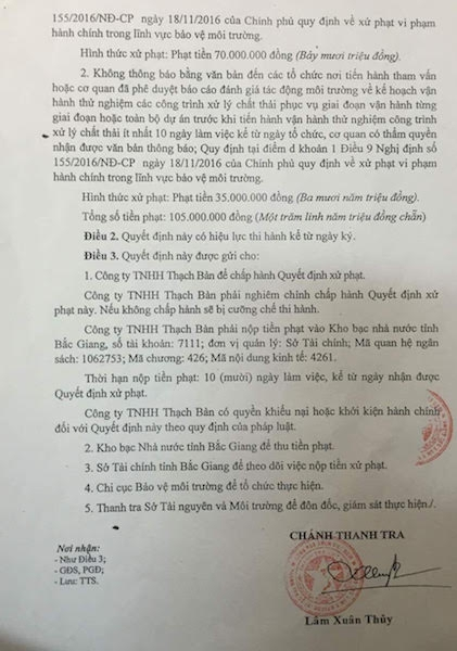 Quyết định xử phạt h&agrave;nh ch&iacute;nh của Thanh tra Sở T&agrave;i nguy&ecirc;n v&agrave; m&ocirc;i trường tỉnh Bắc Giang.&nbsp;