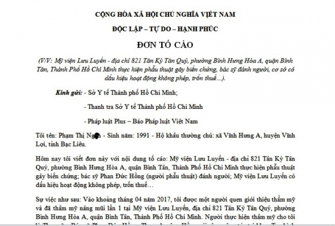 Đơn tố c&aacute;o của chị Ng.