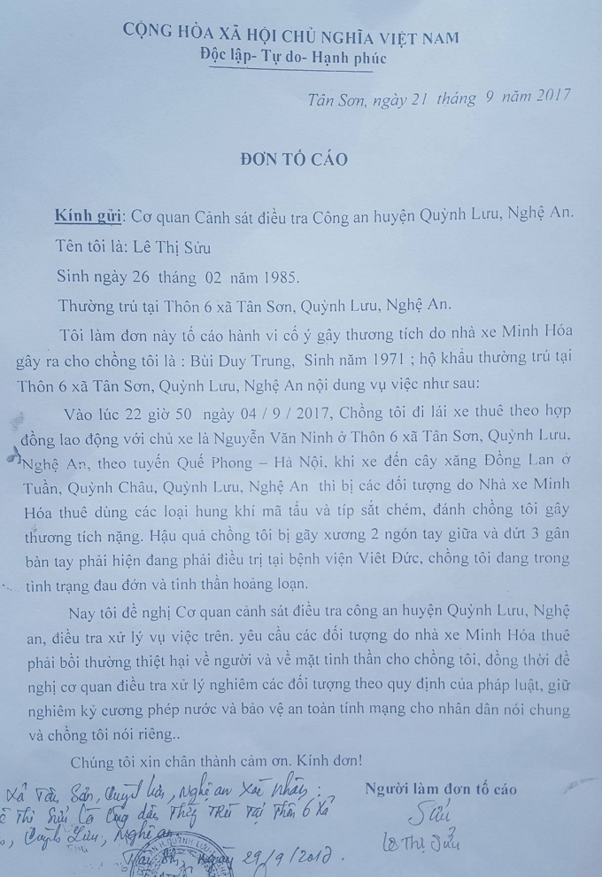 Đơn tố c&aacute;o gia đ&igrave;nh nạn nh&acirc;n gửi c&aacute;c cơ quan chức năng.