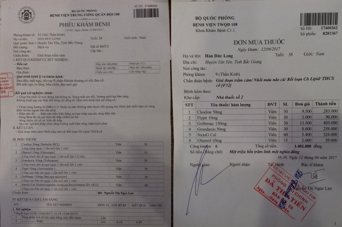 Giấy kh&aacute;m bệnh v&agrave; đơn thuốc của &ocirc;ng H&agrave;n Đức Long x&aacute;c định &ocirc;ng đang bị trầm cảm v&agrave; nhồi m&aacute;u n&atilde;o cũ.