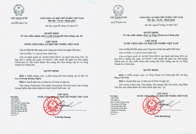 Chủ tịch nước Tr&acirc;̀n Đại Quang ký Quy&ecirc;́t định mi&ecirc;̃n nhi&ecirc;̣m; b&ocirc;̉ nhi&ecirc;̣m 2 thành vi&ecirc;n Chính phủ