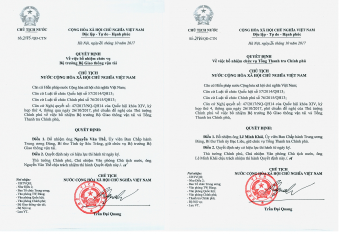 Chủ tịch nước Tr&acirc;̀n Đại Quang ký Quy&ecirc;́t định mi&ecirc;̃n nhi&ecirc;̣m; b&ocirc;̉ nhi&ecirc;̣m 2 thành vi&ecirc;n Chính phủ