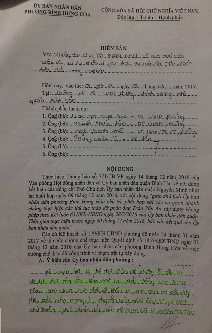 Bi&ecirc;n bản ng&agrave;y 6/3/2017 của UBND phường B&igrave;nh Hưng H&ograve;a, quận B&igrave;nh T&acirc;n.
