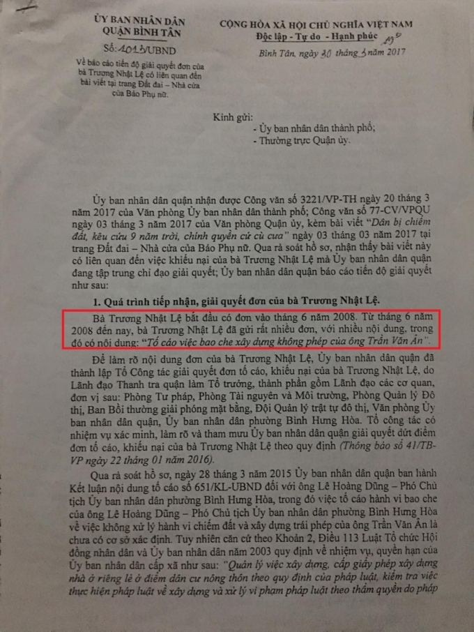 C&ocirc;ng văn số 1013/UBND của UBND quận B&igrave;nh T&acirc;n.