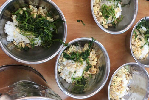 Suất ăn chỉ c&oacute; &iacute;t rau muống, trứng của học sinh trường tiểu học Nam Trung Y&ecirc;n. Ảnh:&nbsp;Phụ huynh cung cấp.