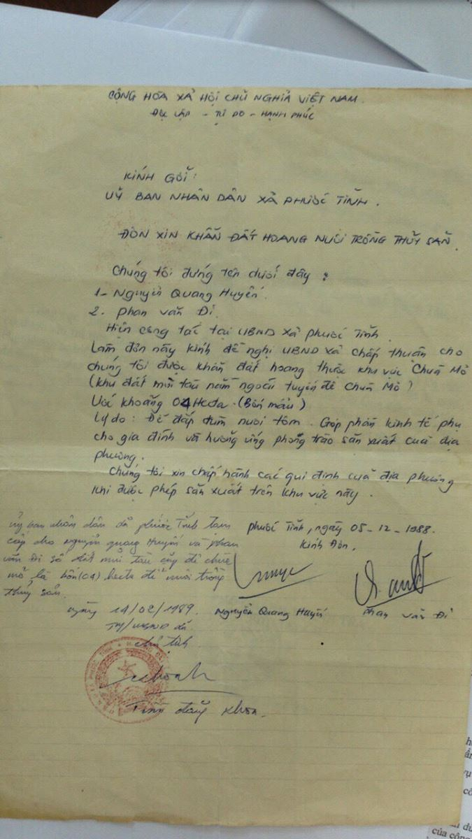 Một trong những giấy tờ li&ecirc;n quan đến nguồn gốc đất do UBND x&atilde; Phước Tĩnh x&aacute;c nhận