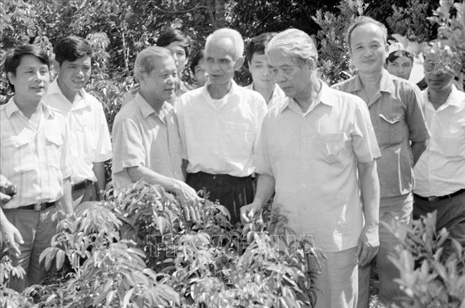 Tổng B&iacute; thư Đỗ Mười thăm một hộ l&agrave;m kinh tế giỏi ở thị trấn Chũ, huyện Lục Ngạn, tỉnh Bắc Giang (th&aacute;ng 9/1994). Ảnh: Xu&acirc;n L&acirc;m/TTXVN