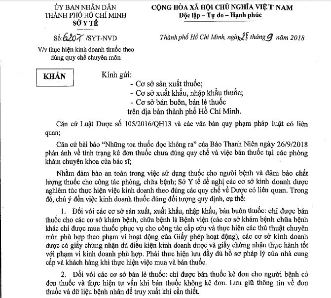 Văn bản khẩn của Sở Y tế TP HCM gửi c&aacute;c đơn vị li&ecirc;n quan.