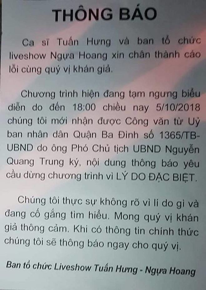 &nbsp;C&ocirc;ng bố nguy&ecirc;n nh&acirc;n ngừng liveshow của Tuấn Hưng trước giờ diễn.