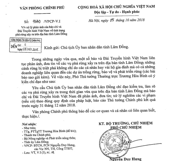 Văn bản y&ecirc;u cầu tỉnh L&acirc;m Đồng điều tra l&agrave;m r&otilde; v&agrave; xử l&yacute; nghi&ecirc;m.