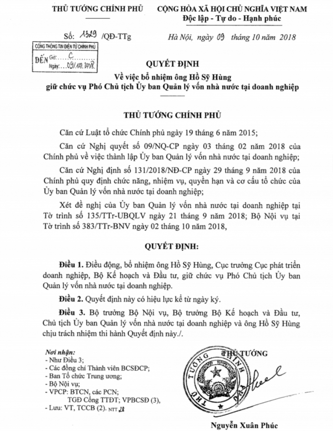 Quyết định của &ocirc;ng Hồ Sỹ H&ugrave;ng.