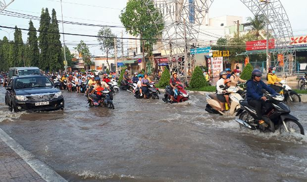 Xe &ldquo;bơi&rdquo; tr&ecirc;n c&aacute;c tuyến đường trong nội &ocirc; TP Cần Thơ.