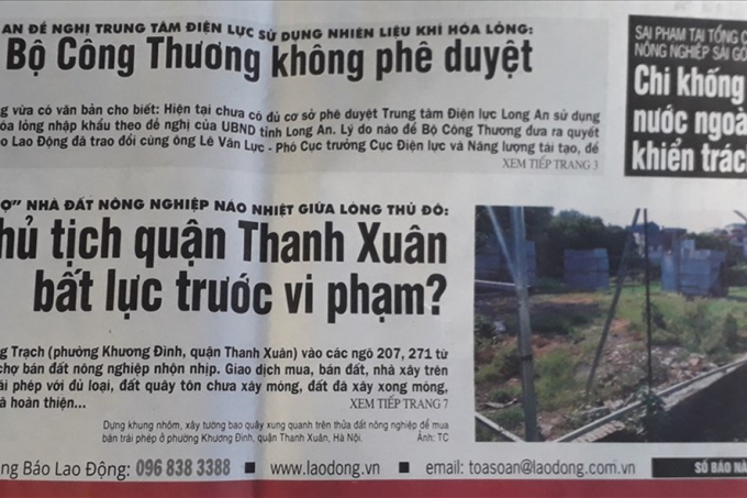 B&aacute;o Lao Động đ&atilde; đăng tải loạt b&agrave;i điều tra về việc x&acirc;y dựng tr&aacute;i ph&eacute;p tr&ecirc;n đất n&ocirc;ng nghiệp tr&agrave;n lan ở phường Khương Đ&igrave;nh, Thanh Xu&acirc;n, H&agrave; Nội. Ảnh: TC.