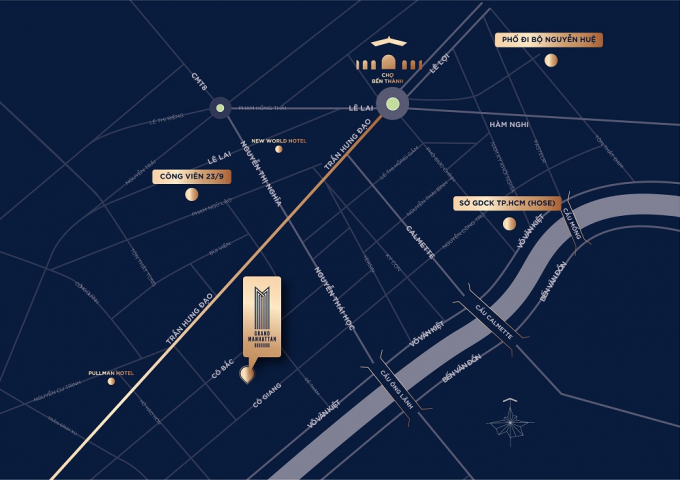 Bản đồ vị tr&iacute; dự &aacute;n The Grand Manhattan ở trung t&acirc;m quận 1.