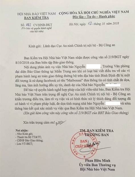 Hội Nh&agrave; b&aacute;o Việt Nam đề nghị bộ C&ocirc;ng an l&agrave;m r&otilde; vụ việc.