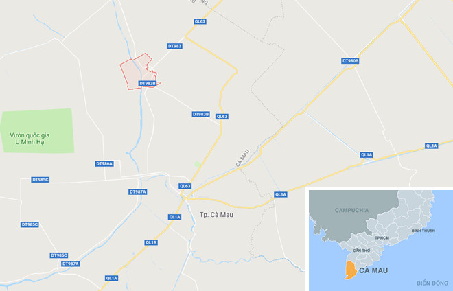 Thị trấn Thới B&igrave;nh (&ocirc; đỏ) ở C&agrave; Mau. Ảnh:&nbsp;Google Maps.